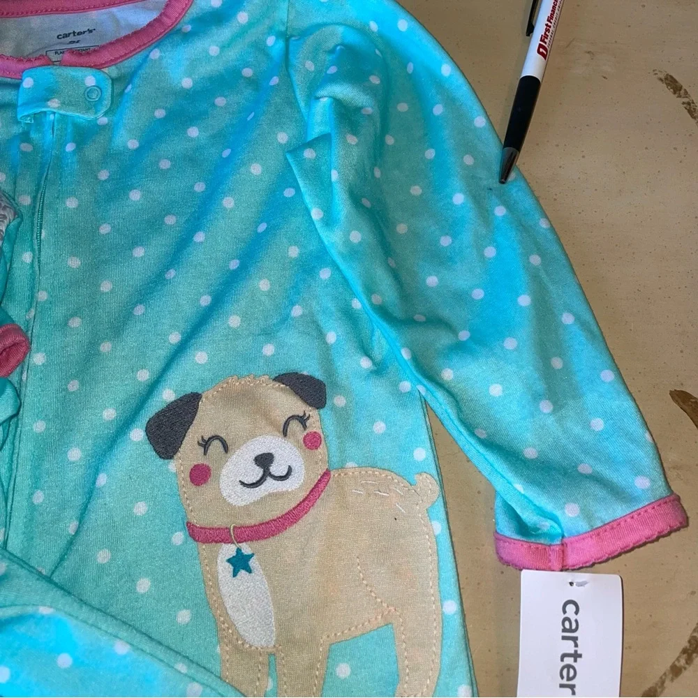 Carters 2T Aqua Blue Pink White Polka Dot One Piece Footed Pajama Pug Puppy NWT